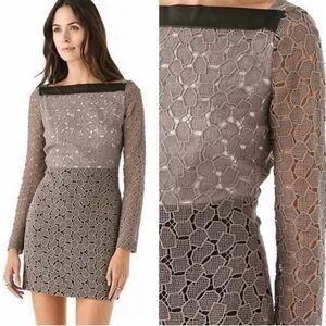 Diane Von Furstenberg Sarita Taupe Eyelet Lace Shift Dress W/ Leather Trim Sz 4
